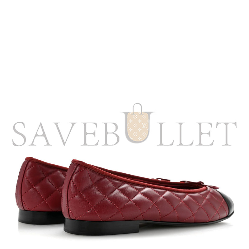 Ch**el LAMBSKIN QUILTED CC CAP TOE BALLERINA FLATS 39 BURGUNDY BLACK